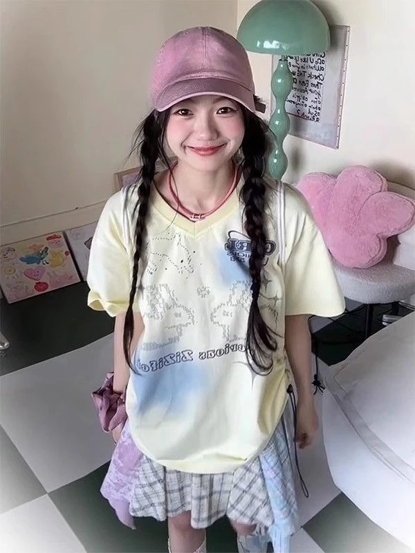 

2000s Vintage Y2k Crop Tops Women Short Sleeve Slim Printed Tees Subculture Harajuku Clothing Korean Punk Gothic T-shirt Outwear