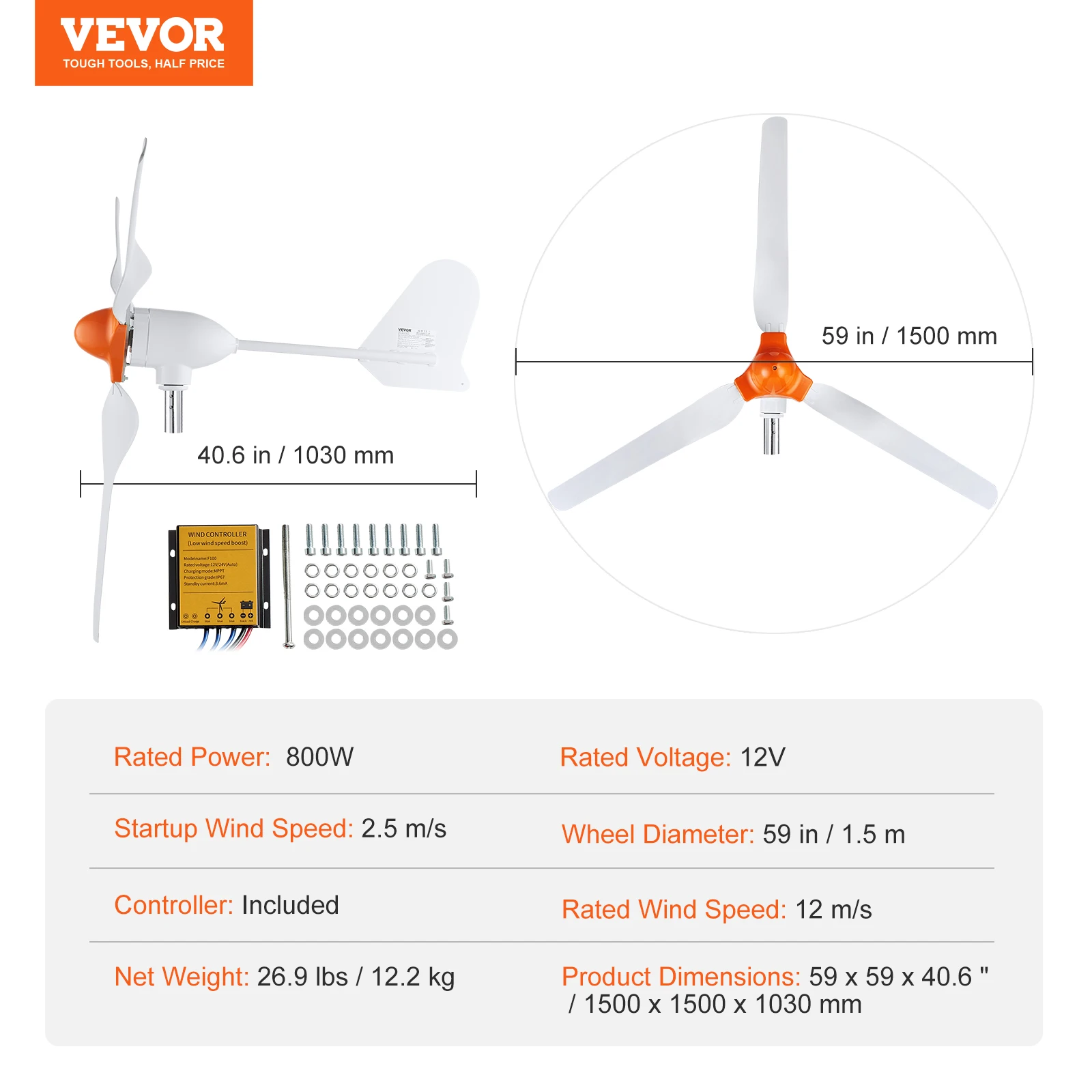 SucceBuy Windturbine Generator 12V 500W/800W Windturbine Windenergie Generator met MPPT Controller Geschikt voor Thuis Boerderij Campers