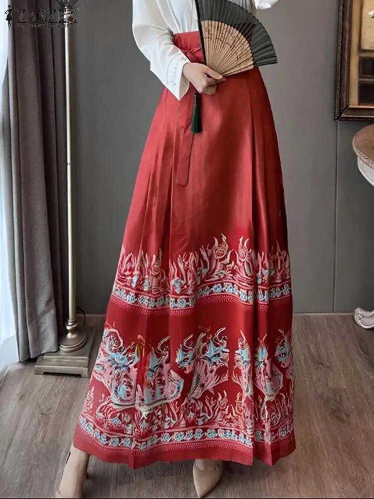 Chinese Style Printed Jupes ZANZEA Women Fashion Horse-face Skirt New 2024 Retro Pleating Bottoms Vintage Loose Maxi Overskirts