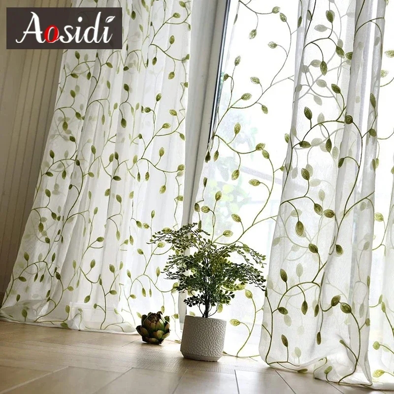 Embroidered Green Tulle Sheer Curtains for Living Room Bedroom Children Curtain for Window Ready-made Drapes Cortinas Rideaux