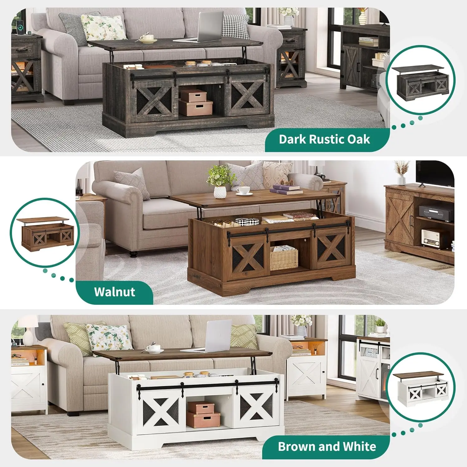 Yitahome-Farmhouse Lift Top Coffee Table com armazenamento e deslizante Groove Barn Door, mesas de café rústicas para viver