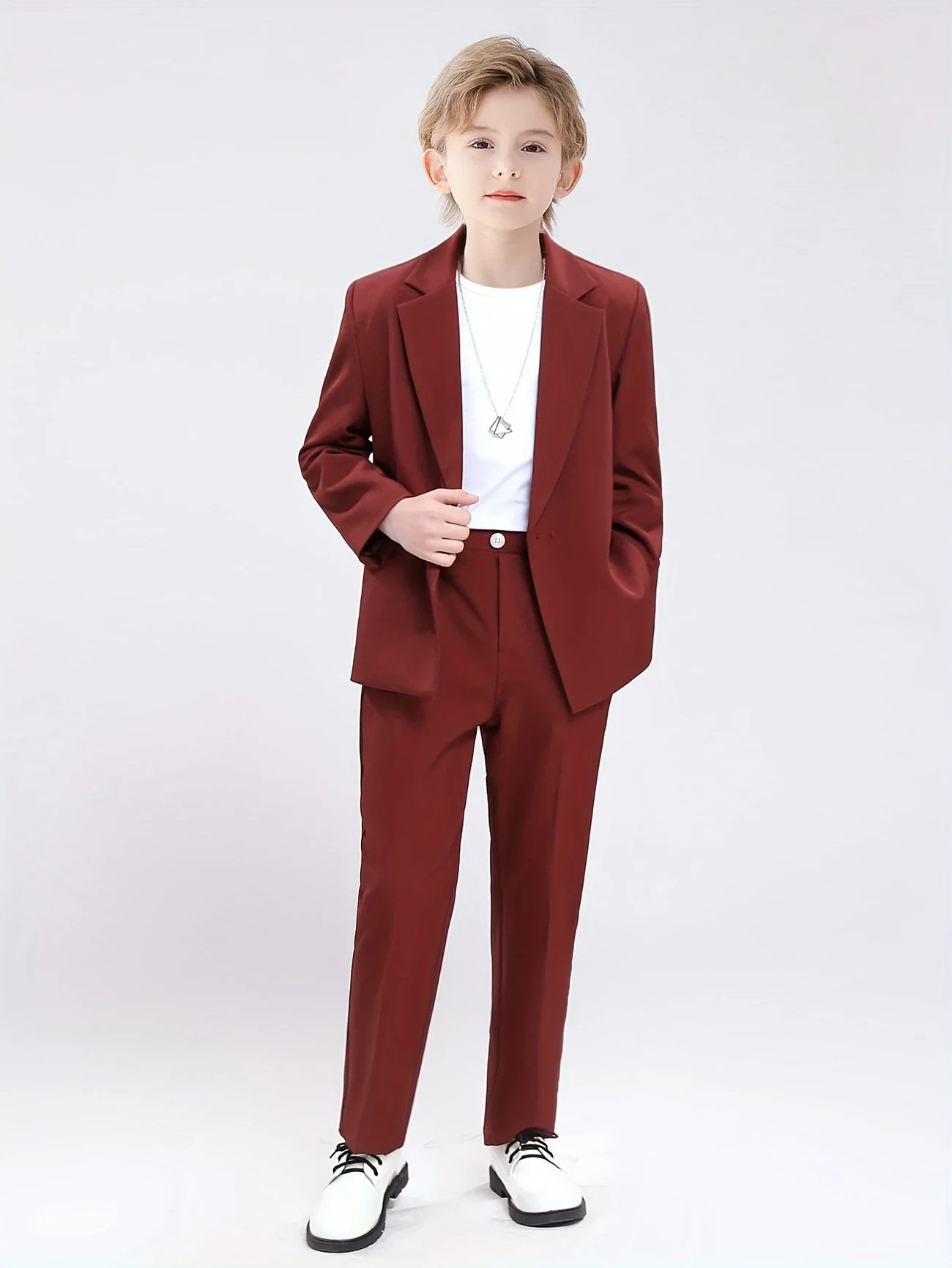 Kids Red 3Pieces Jacket Trousers Necklace Suit Set for Speech Piano Competition Hosting Flower Boys Wedding outfit Suit