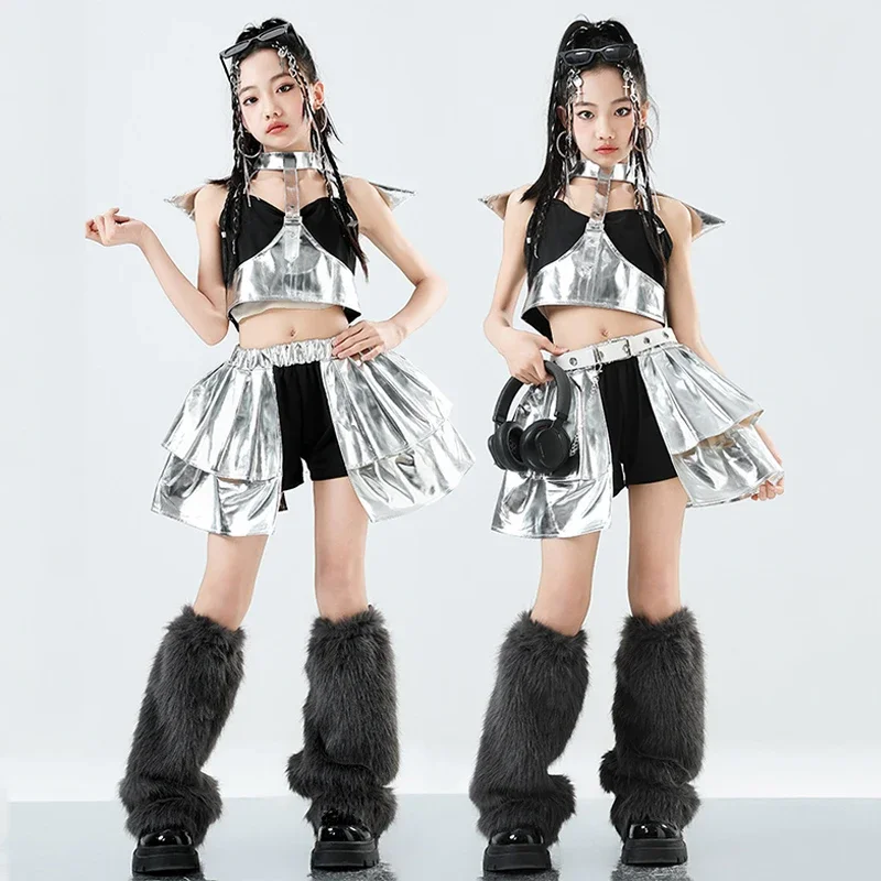 

Jazz Dance Costume Kpop Performance Wear Silver Tops Skirts Model Show Fashion Suit Girl Stage Outfit Streetwear