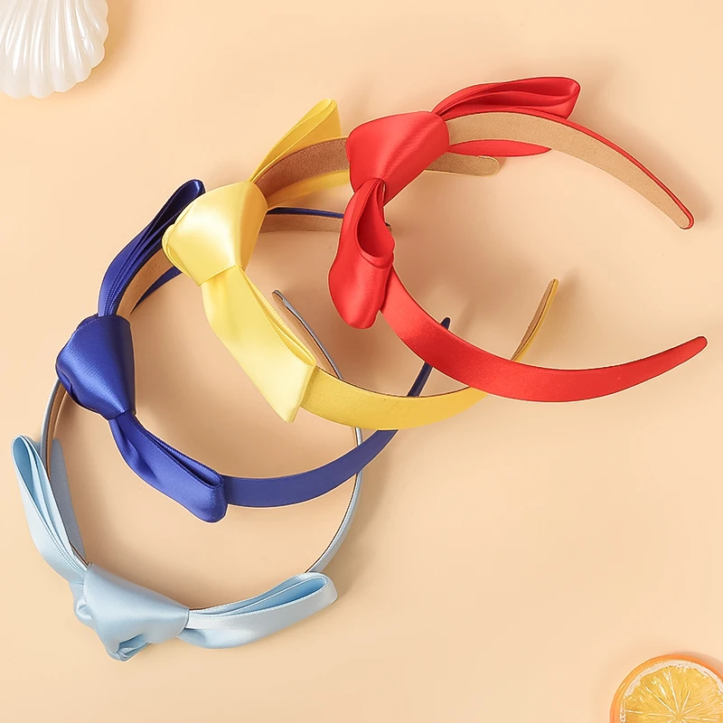 Girls Colorful Handmade Bow Headband New Solid Color Satin Wide-Brimmed Headband Simple and Fashionable Snow White Headdress