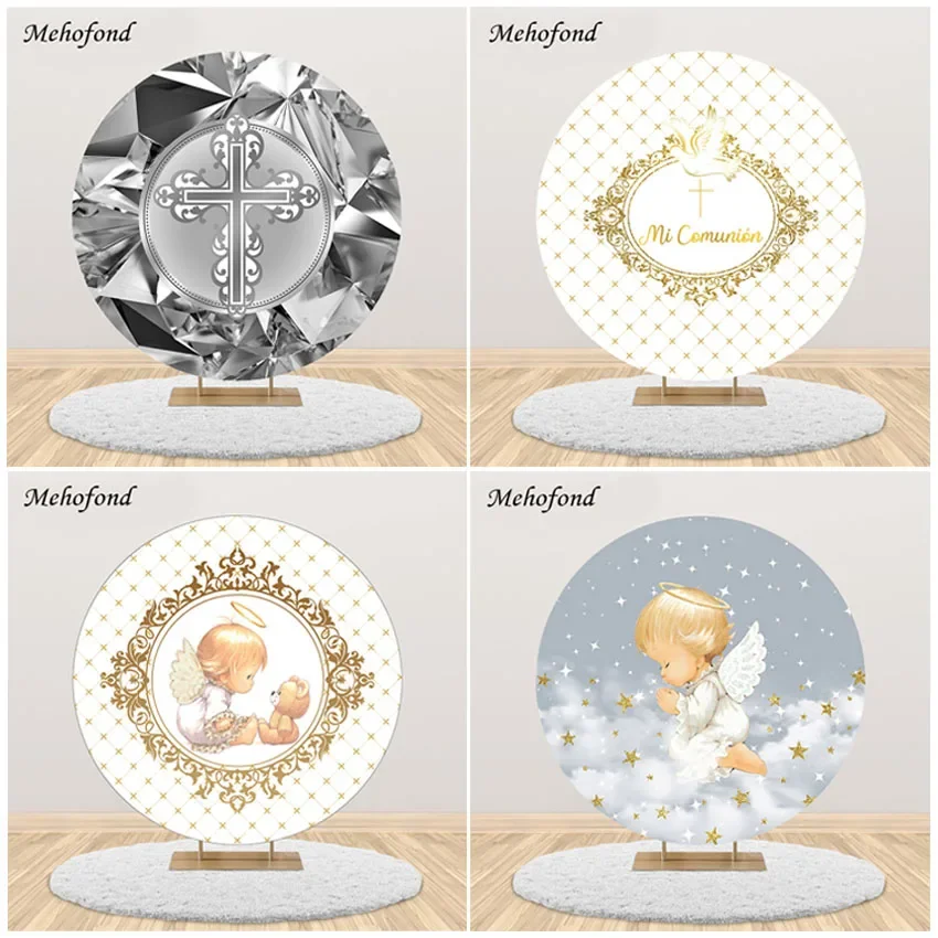 

Фон для фотосъемки Mehofond: Круглый эластичный фон для крещения, Первого Причастия, для мальчиков и девочек, с ангелом и надписью «Боже, благослови», для фотостудии