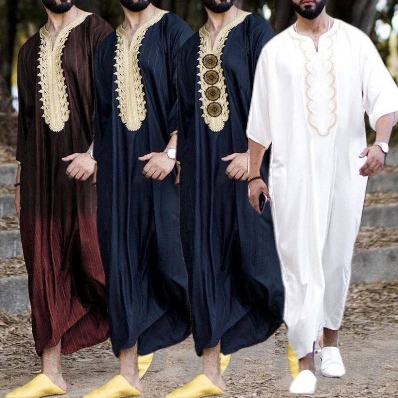 Muslim Men Jubba Thobe Kaftans Dress Ramadan Printed Dishdasha Robe Arab Loose Long Blouse Gown Eid Mubarak Clothing