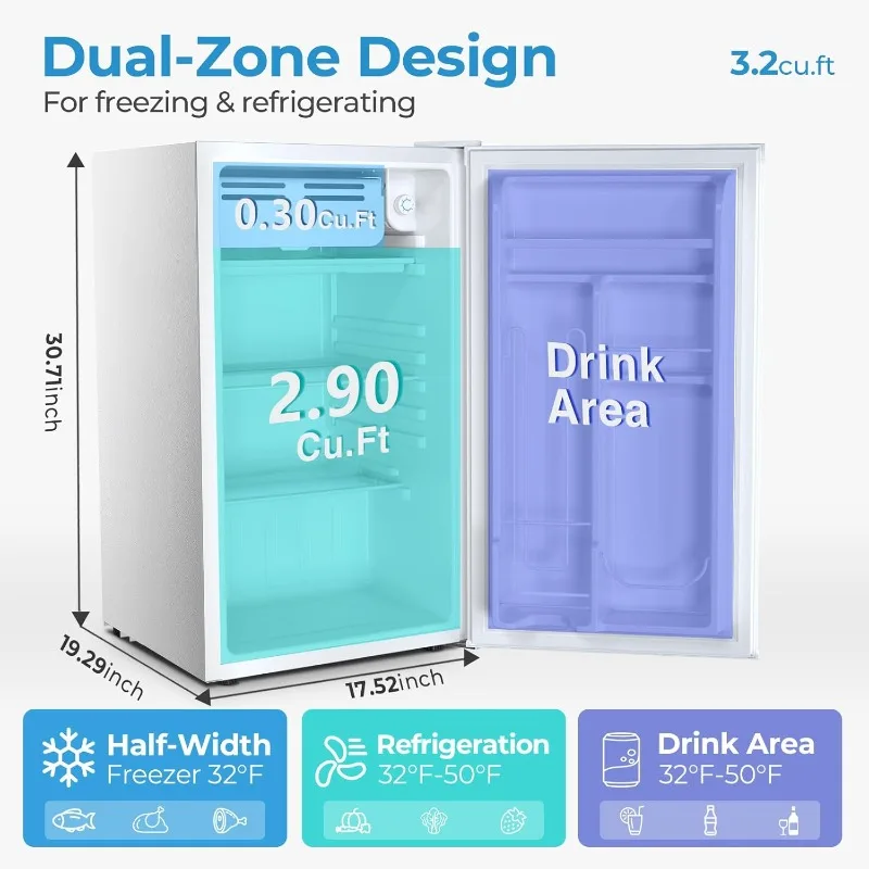 نجم القطب الجنوبي 3.2 قدم مكعب. ثلاجة صغيرة مع فريزر، ثلاجات صغيرة مع منظم حرارة قابل للتعديل، ضوضاء منخفضة، موفرة للطاقة