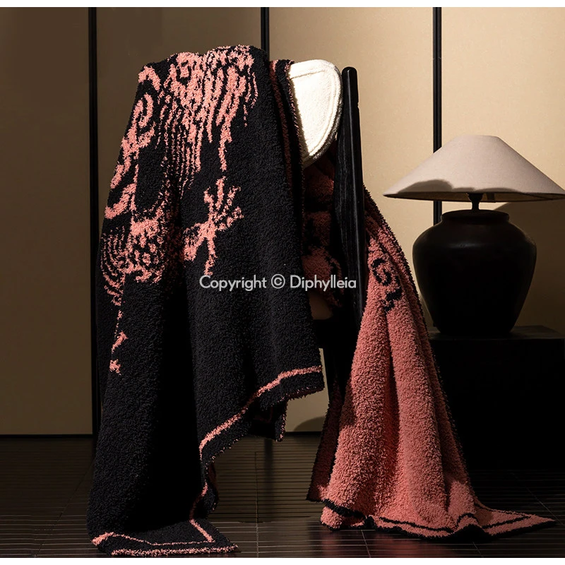 Diphylleia Chinoiserie Dragon Knit Throw Blanket Mythical Black And Pink Stylish Sofa Blanket Shawl Bed Scarf Fantasy Home Decor