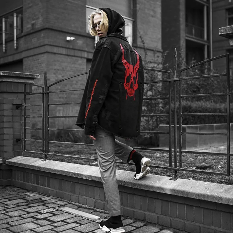 Skull Printing Denim Jacket Mens Harajuku Gothic Coats Vintage Halloween Clothes Spring Autumn Lightweight High Street Jacket