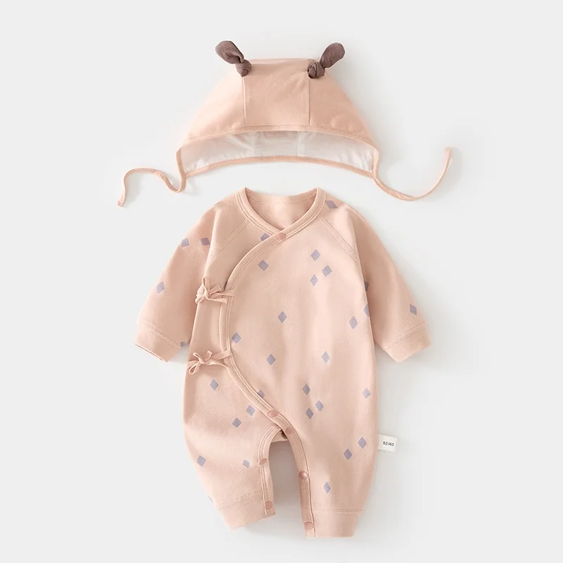 2026 Spring Autumn 0-6M Newborns Romper Matching Hat Cartoon Print Baby Girl Jumpsuit Side Snap Infant Layette Outfit