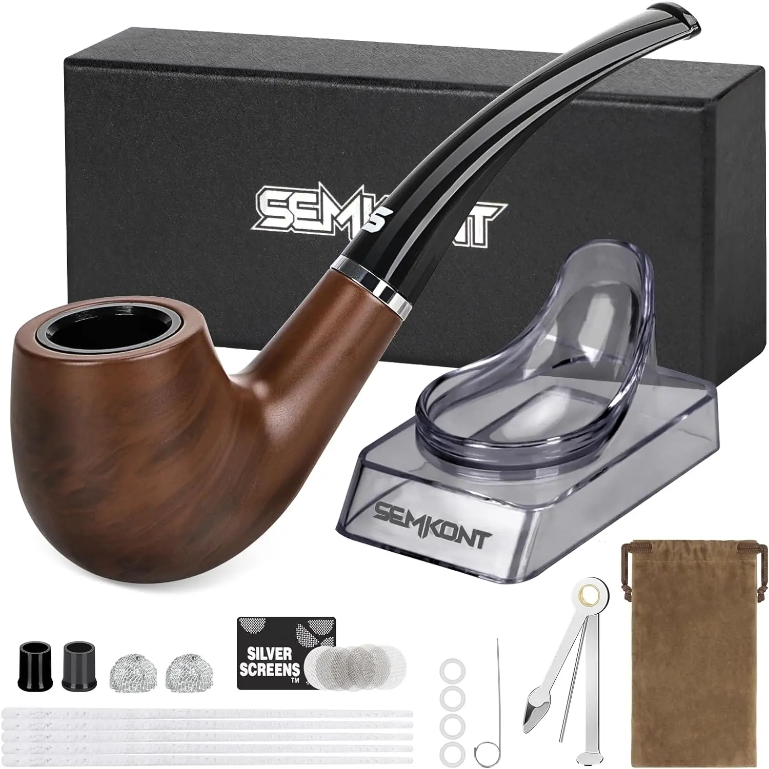 SEMKONT Tobacco Pipe Set with Pipe Holder and Storage Bag Various Accessories Gift Box