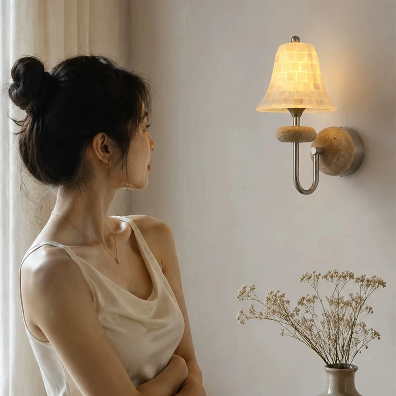 Travertine Wall Lamp Handmade Shell Mosaic Shade Retro Wall Sconce for Hotel Villa Bedroom Decor