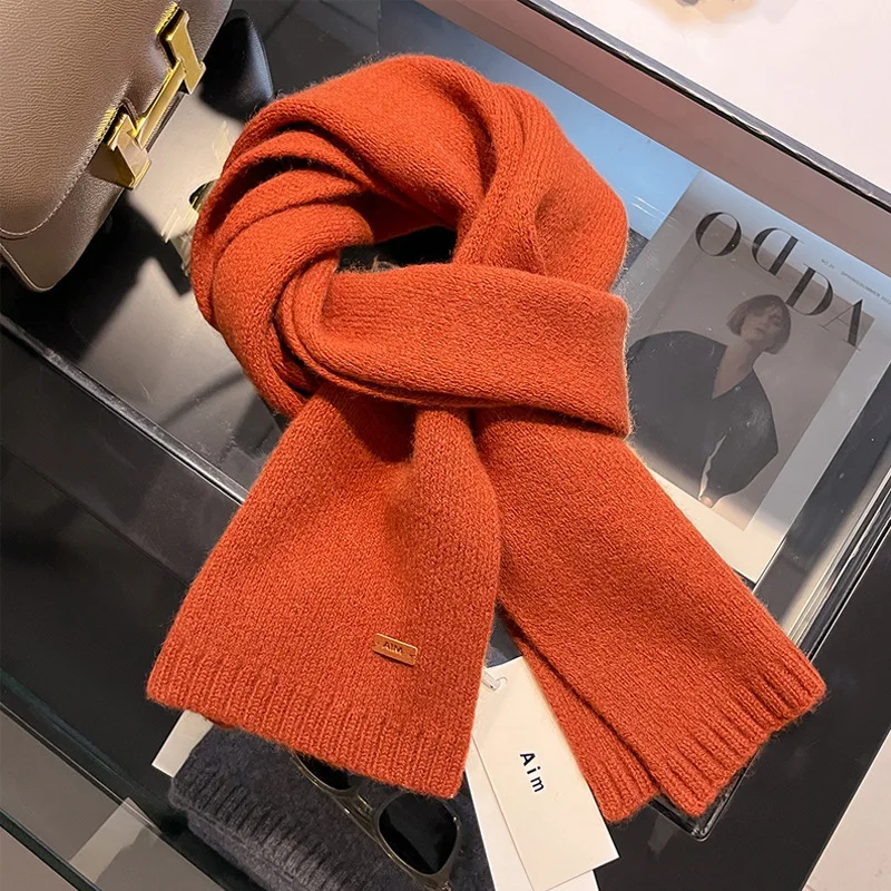 New Year Red 100% Cashmere Solid Color Thick Knitted Scarf Winter Warm Scarves Neckercheif Lady Korean Style Neck Tie Bandana