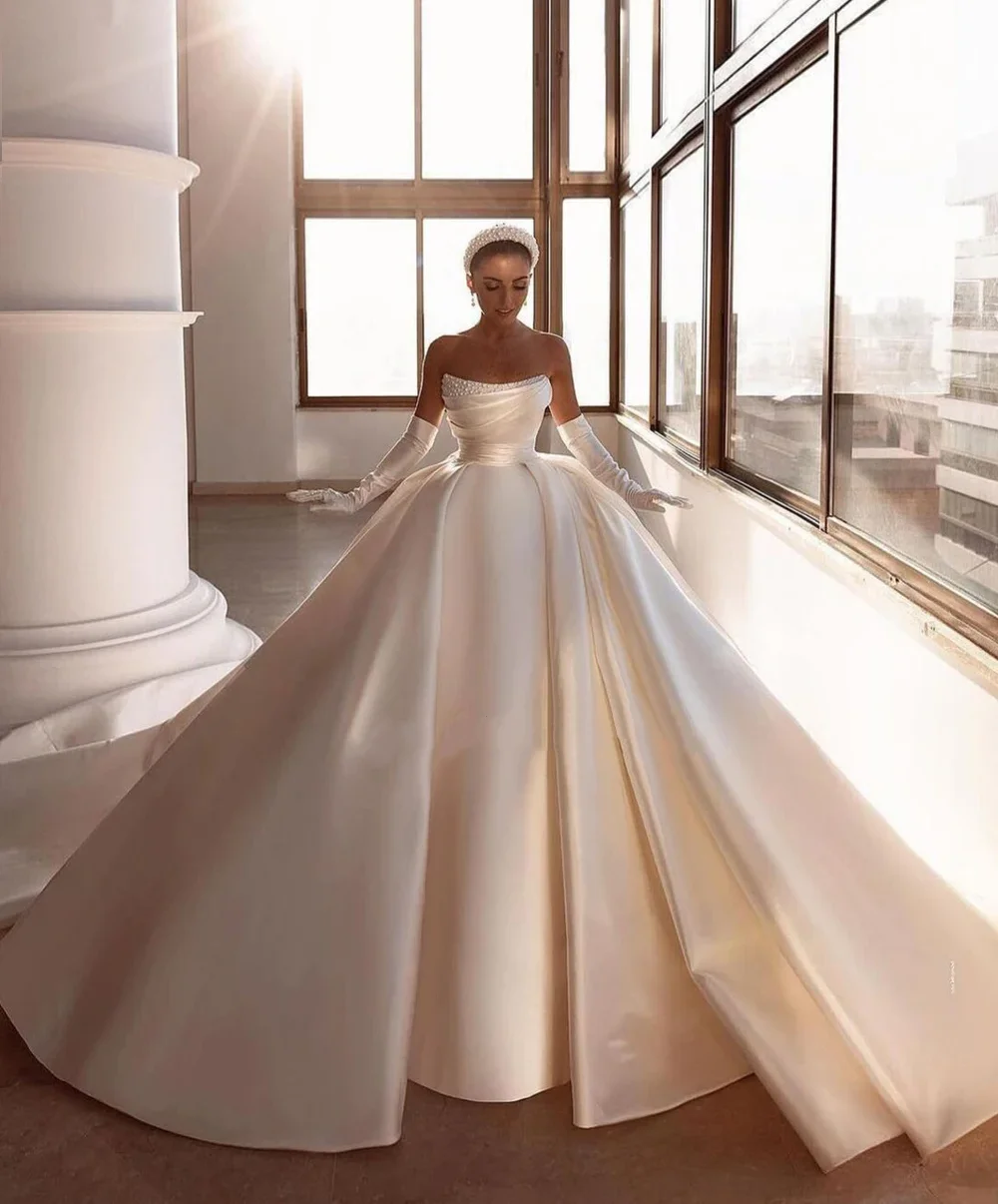 Luxury Layered Satin Princess Wedding Dress Sleeveless Pearl A-line Bridal Ball Dress Wedding Robe Customization
