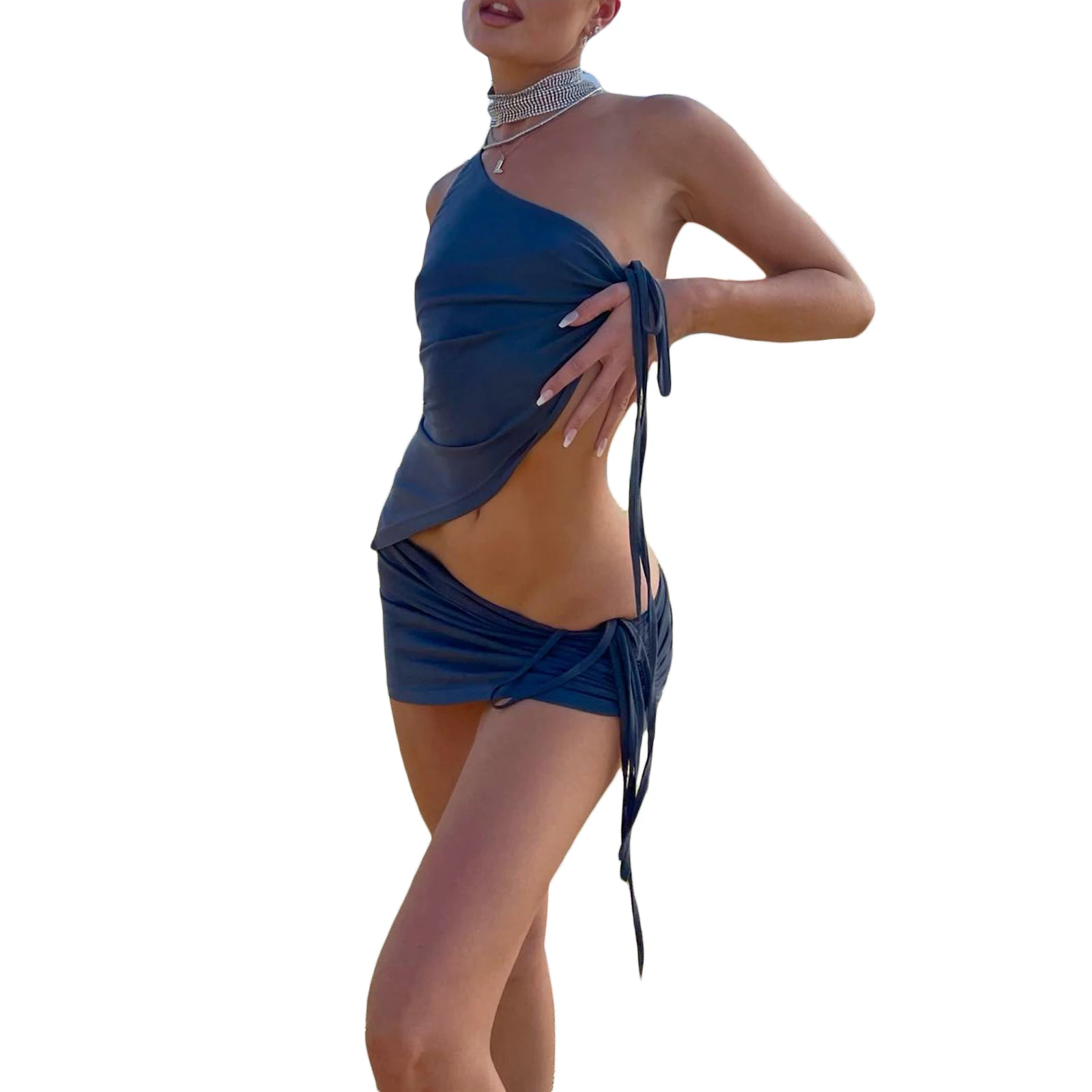 Women\'s Summer 2024 Trend Sexy Skirt 2 Piece Outfits Irregular Strappy Crop Top And Mini Skirt Party Clothing