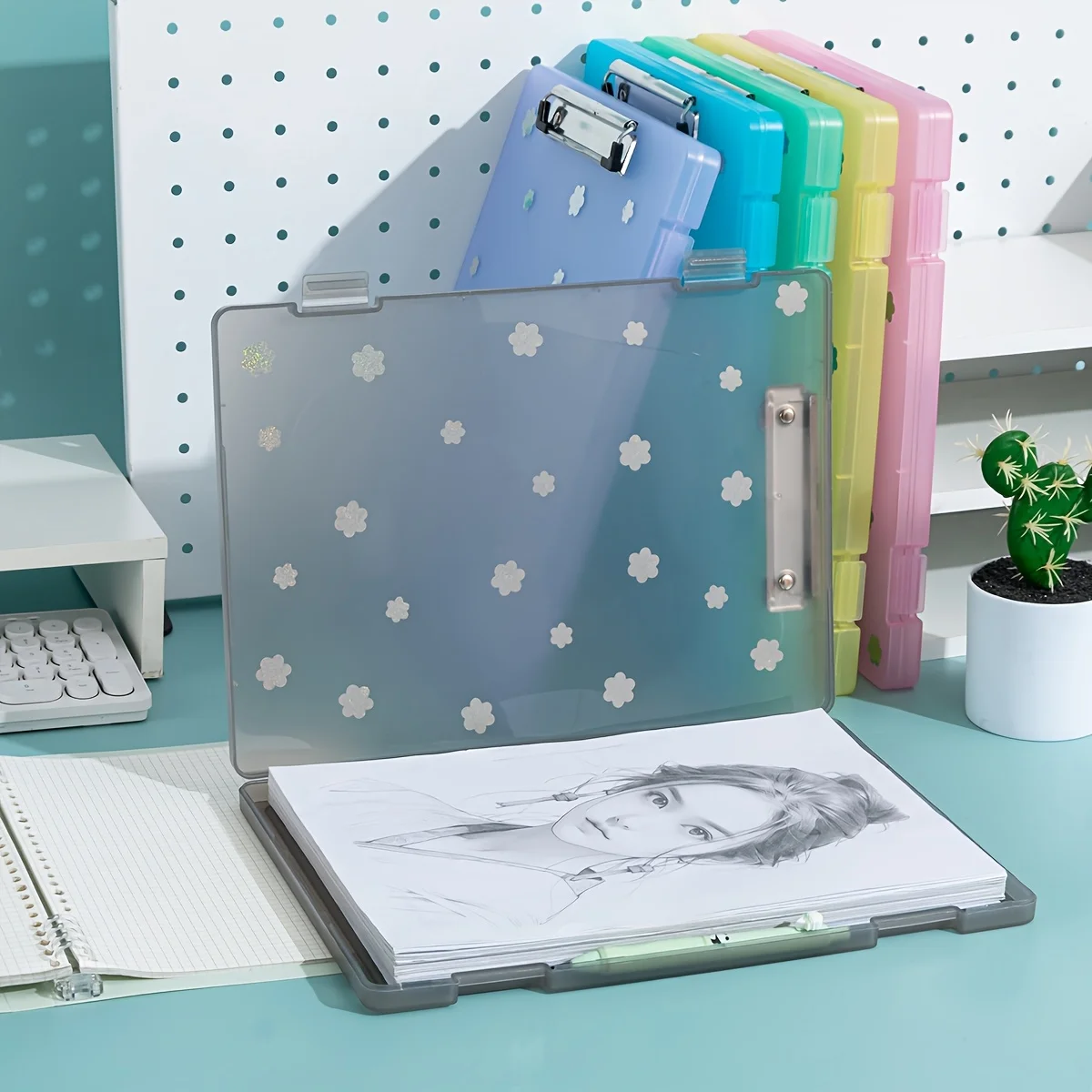مجلد ملفات بلاستيكي مزين بالزهور مع وسادة كتابة وفتحة قلم - سعة كبيرة، صندوق منظم مكتبي مستطيل بألوان متنوعة