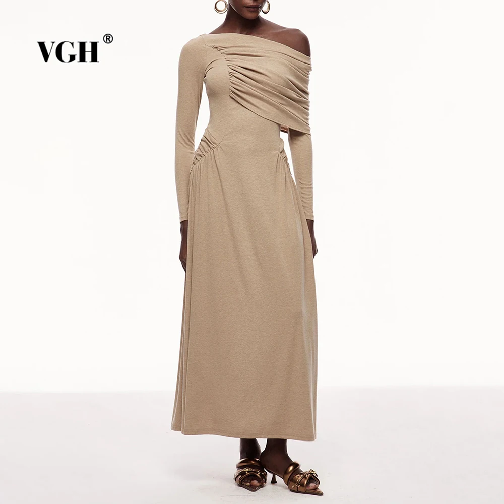 

VGH Solid Temperament Evening Dress for Women Diagonal Collar Long Sleeve Folds Design Tunic Minimalist Maxi Dresses Female New
