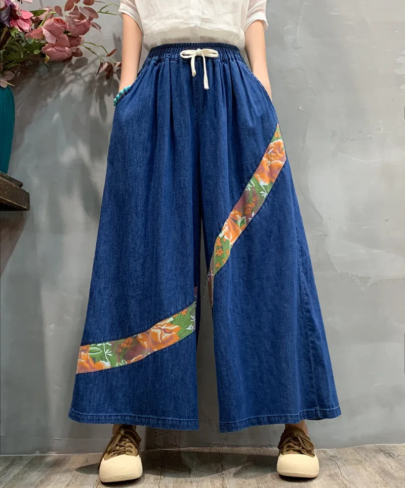 Frühling Sommer Mode Denim Breite Hosen Frauen Lose Klassische Plaid Vintage Jeans Frauen Gestreiften Freizeit Übergroßen Hosen