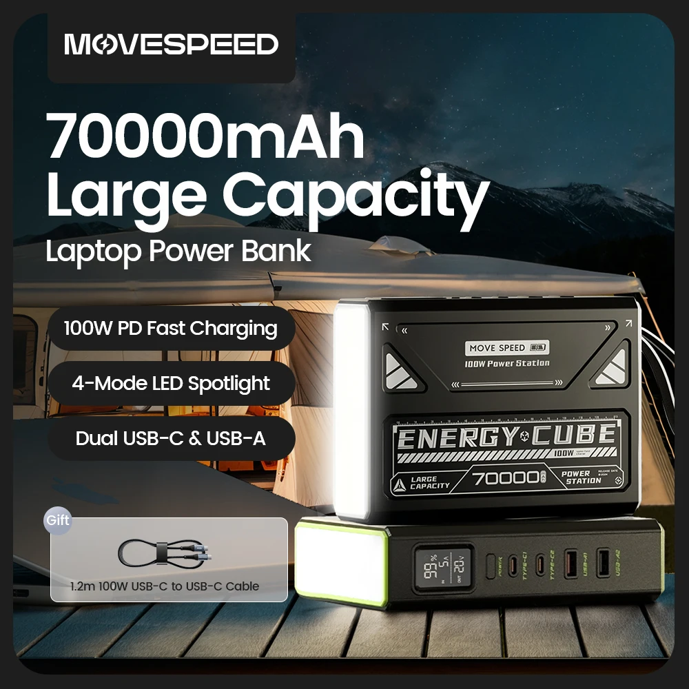 MOVESPEED Z70Pro Power Bank 70000mAh 100W PD Fast Charge External Battery Power Station w/ Flashlight for Laptop Outdoor Camping
