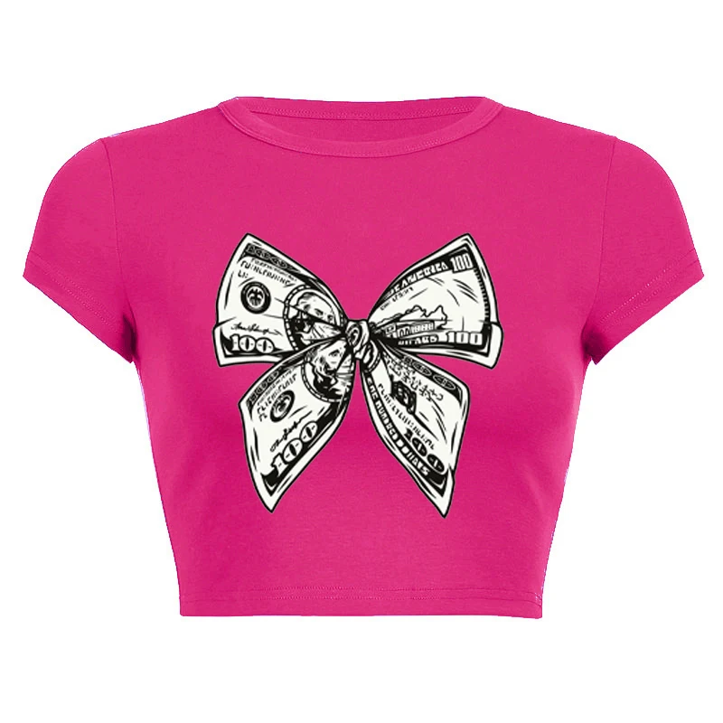 

2025 European and American summer new slim fit and slimming hot girl sexy short style small fresh pattern printed T-shirt