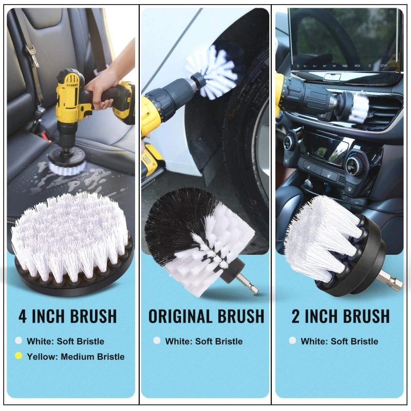 3Pcs Electric Drill Brush Kit All Purpose Cleaner Auto Tires Cleaning Tools for Tile Bathroom Kitchen Round Plastic Brushes