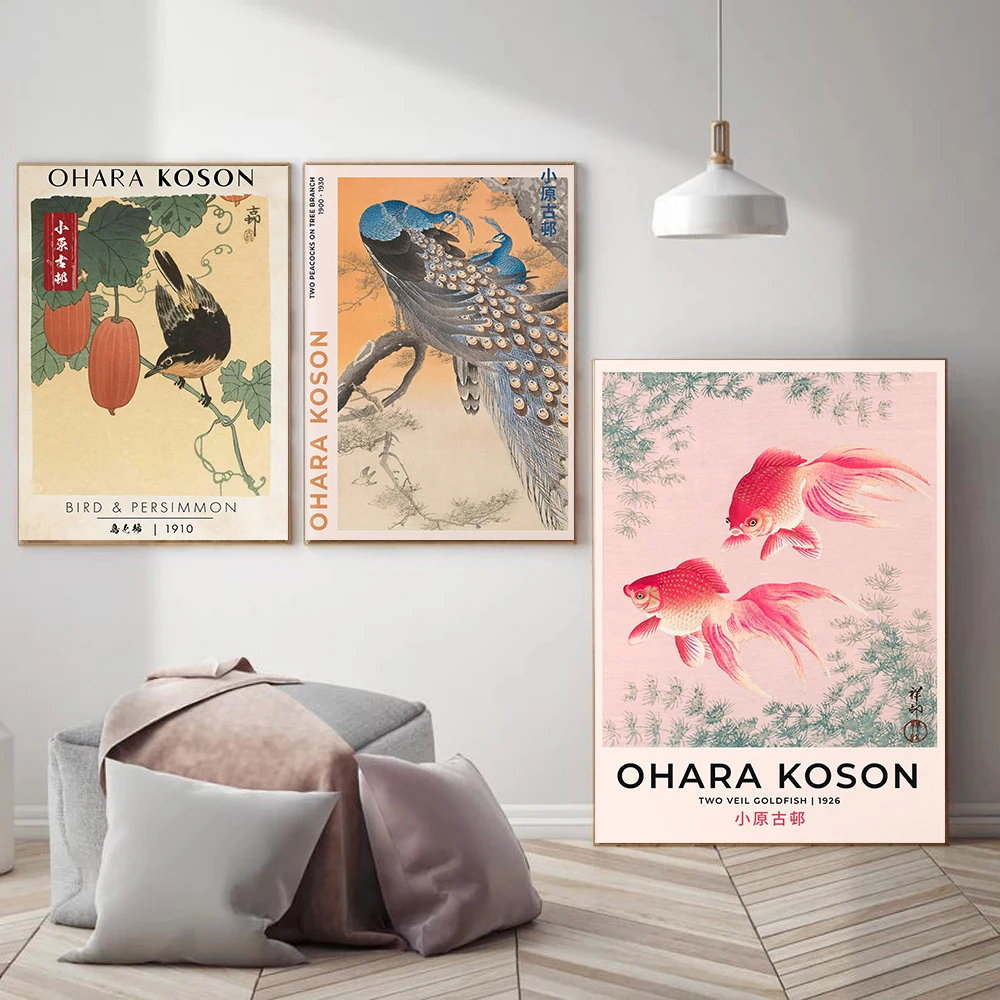 Ohara Koson Japanese Exhibition Poster Great Tit Bird Roaring Tiger Peacock Koi Fish Prints Canvas Wall Picture Home Room Decor