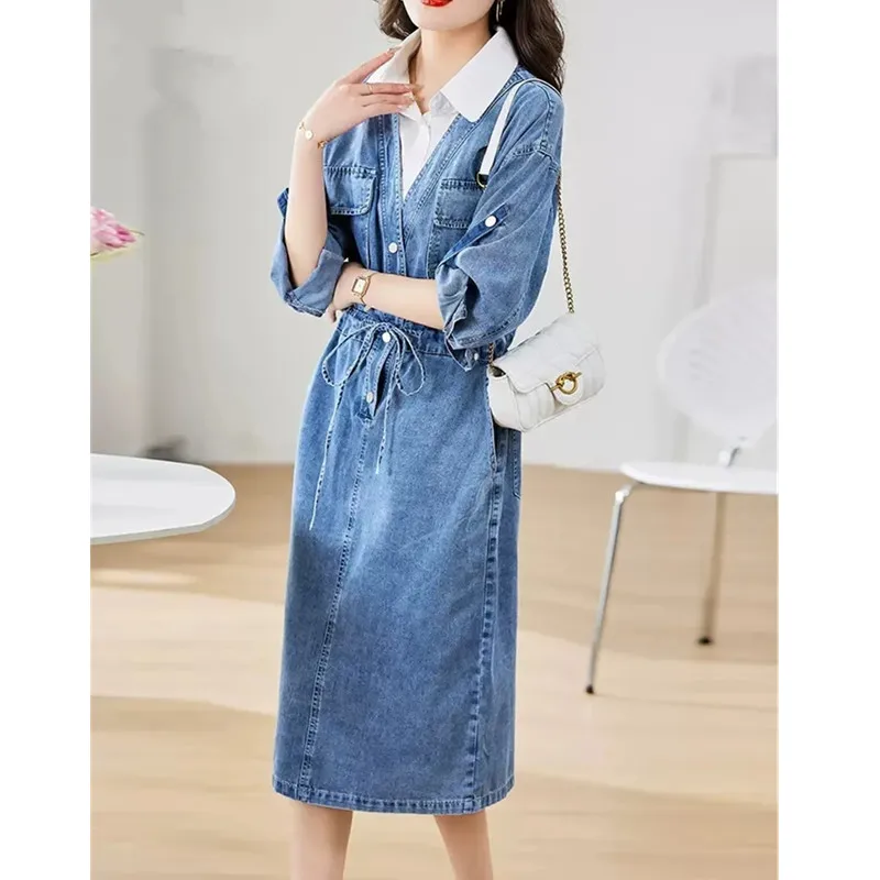 Abito da cowboy falso a due camicie per donna 2025 Primavera Autunno Nuovo manica lunga dimagrante con tasca Abito casual in denim vintage femminile