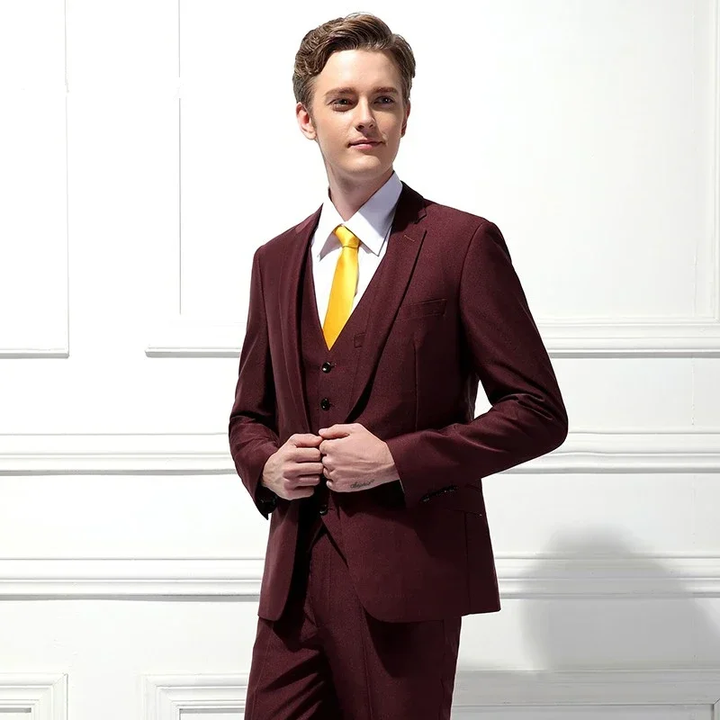 

Burgundy Wedding Suits For Men Slim Fit 3 Piece Tuxedo Custom Groom Prom Blazer Sets Terno Masculino Completo Traje De Hombre