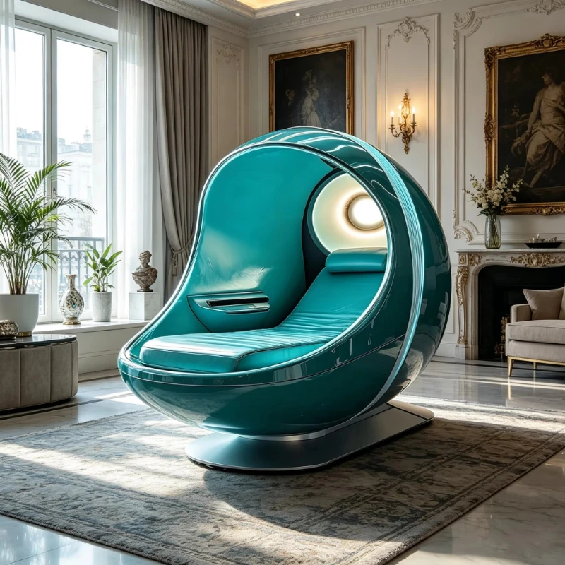 Modern fiberglass egg chair with integrated tray swivel base