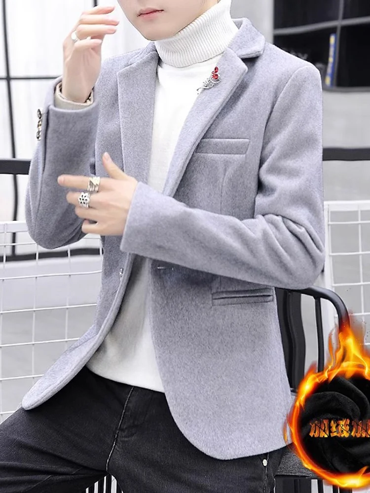 

Мужское осенне-зимнее утепленное шерстяное пальто из норкового бархата, однотонное, в корейском стиле, приталенное, с фетровым воротником, маленький костюм в западном стиле