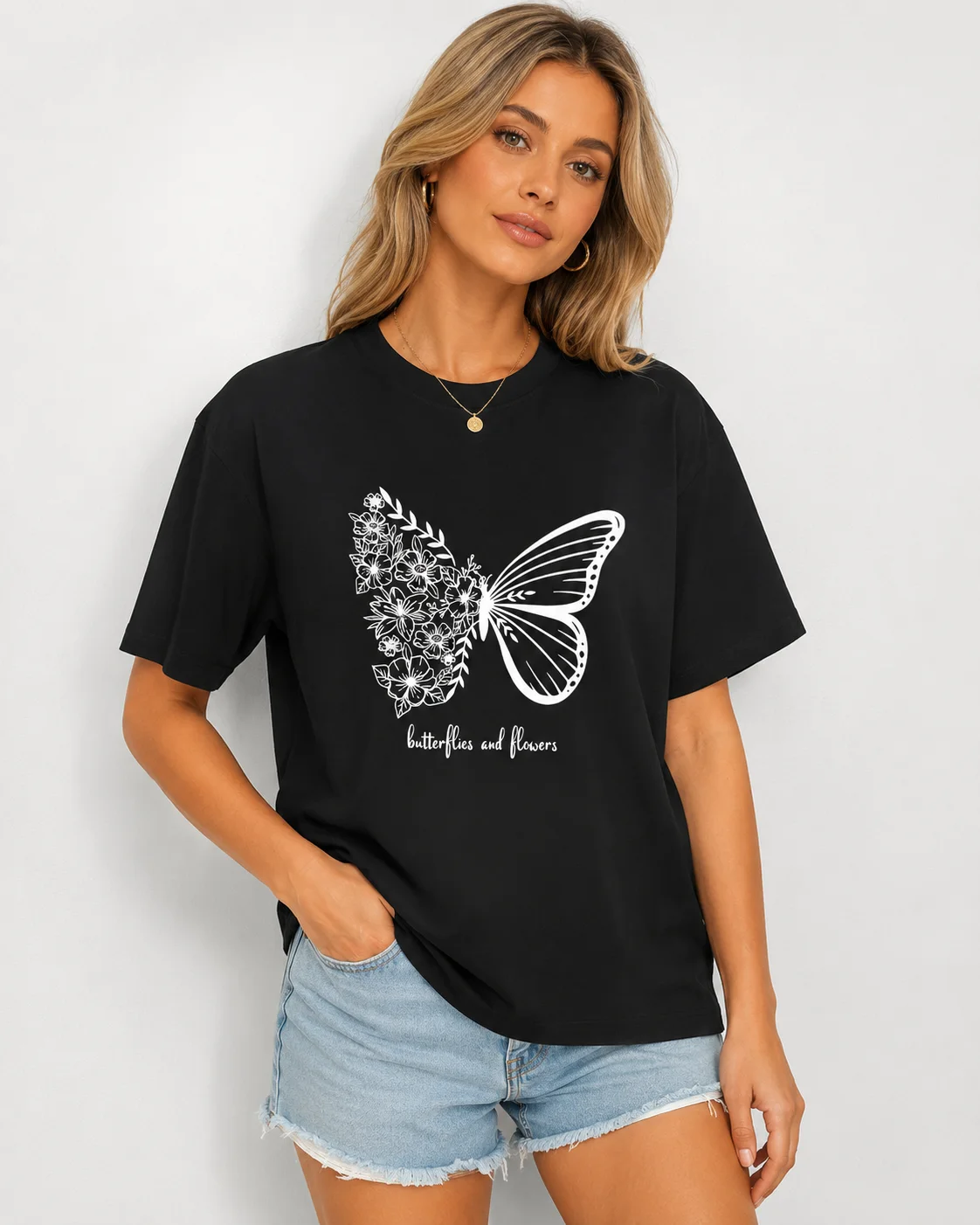 Ladies' Butterfly Pattern Printed T-shirt Fashionable Casual Shirt Plus Size Comfortable Round Neck Short Sleeved Cotton Shirt