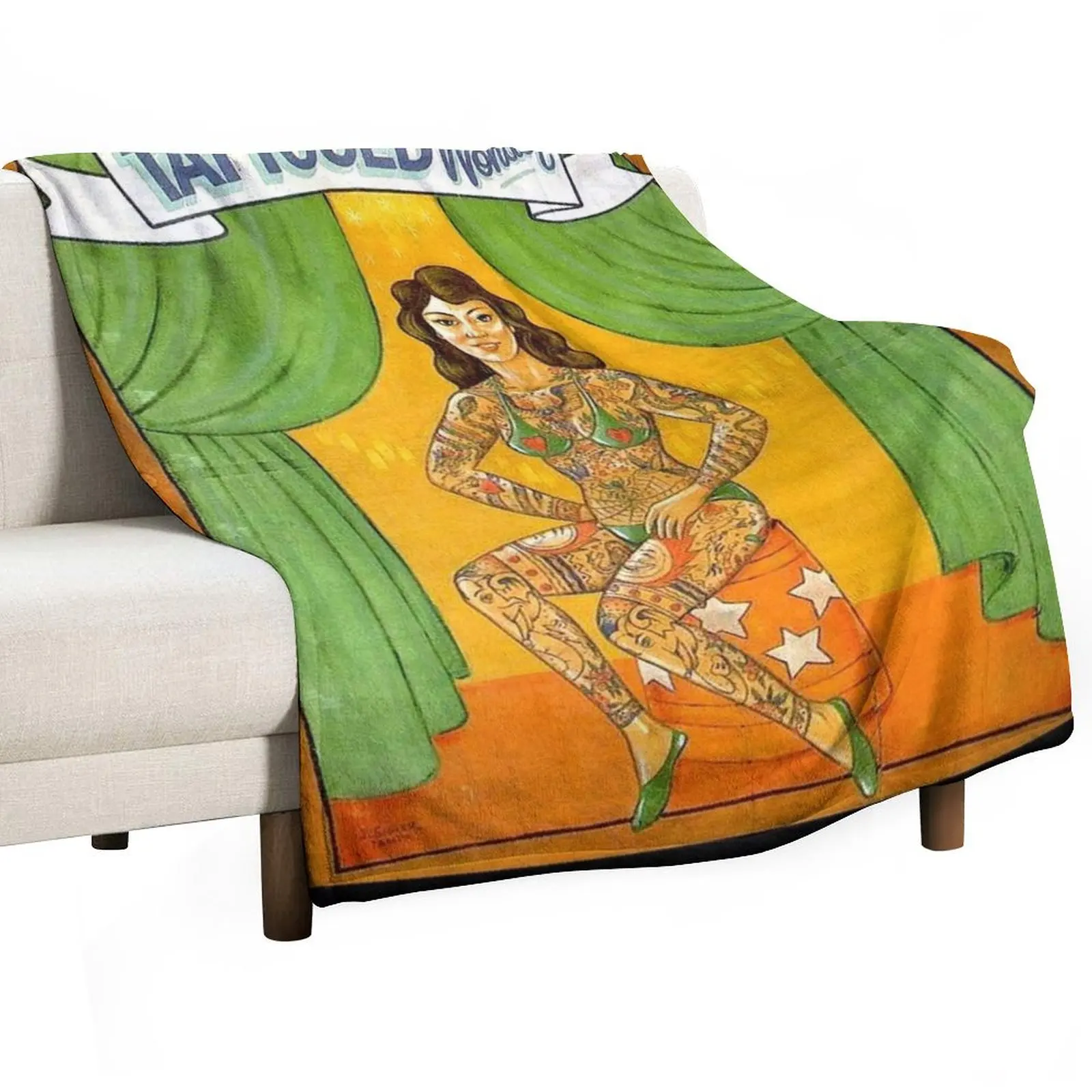 TATTOOED WONDER : Vintage Circus Sideshow Advertising Print Throw Blanket Stuffeds Nap Luxury Throw Blankets