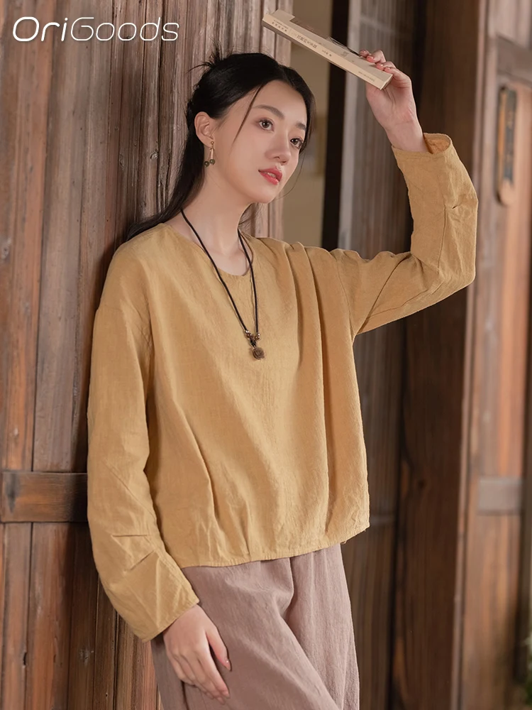 

OriGoods 2024 Spring Summer New Blouse Women Long sleeve Linen Shrts Loose Mori Girl Style Blouse Tops Chinese Japan style C027