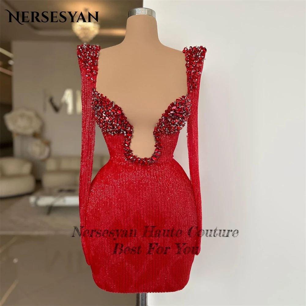 Nersessuperb-Robe de Soirée Sexy Rouge à Paillettes, Tenue de Cocktail, Col en V Profond, Manches Cape, CitroMini, Perles, 2024