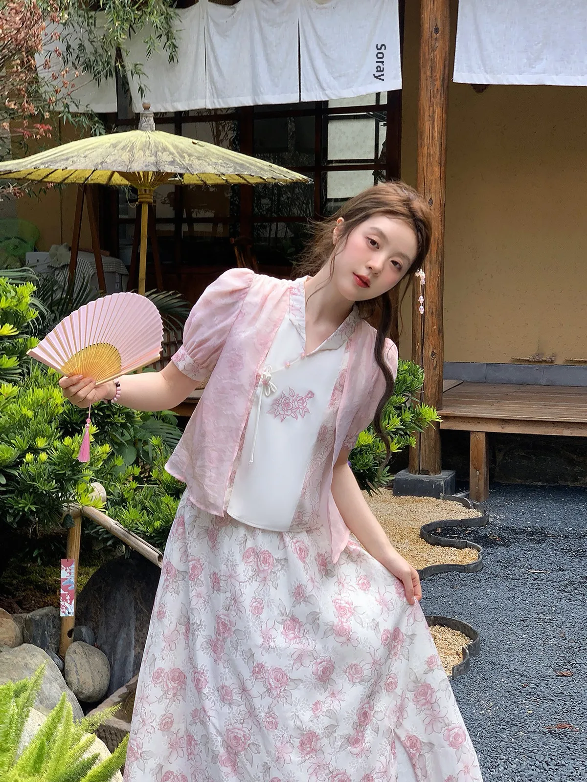 

plus Size Cheesecake Eating Large Mouth New Chinese Sle V-ne Embroidered Pink Tulle Set Women's Top f Skirt Summer Fat MM