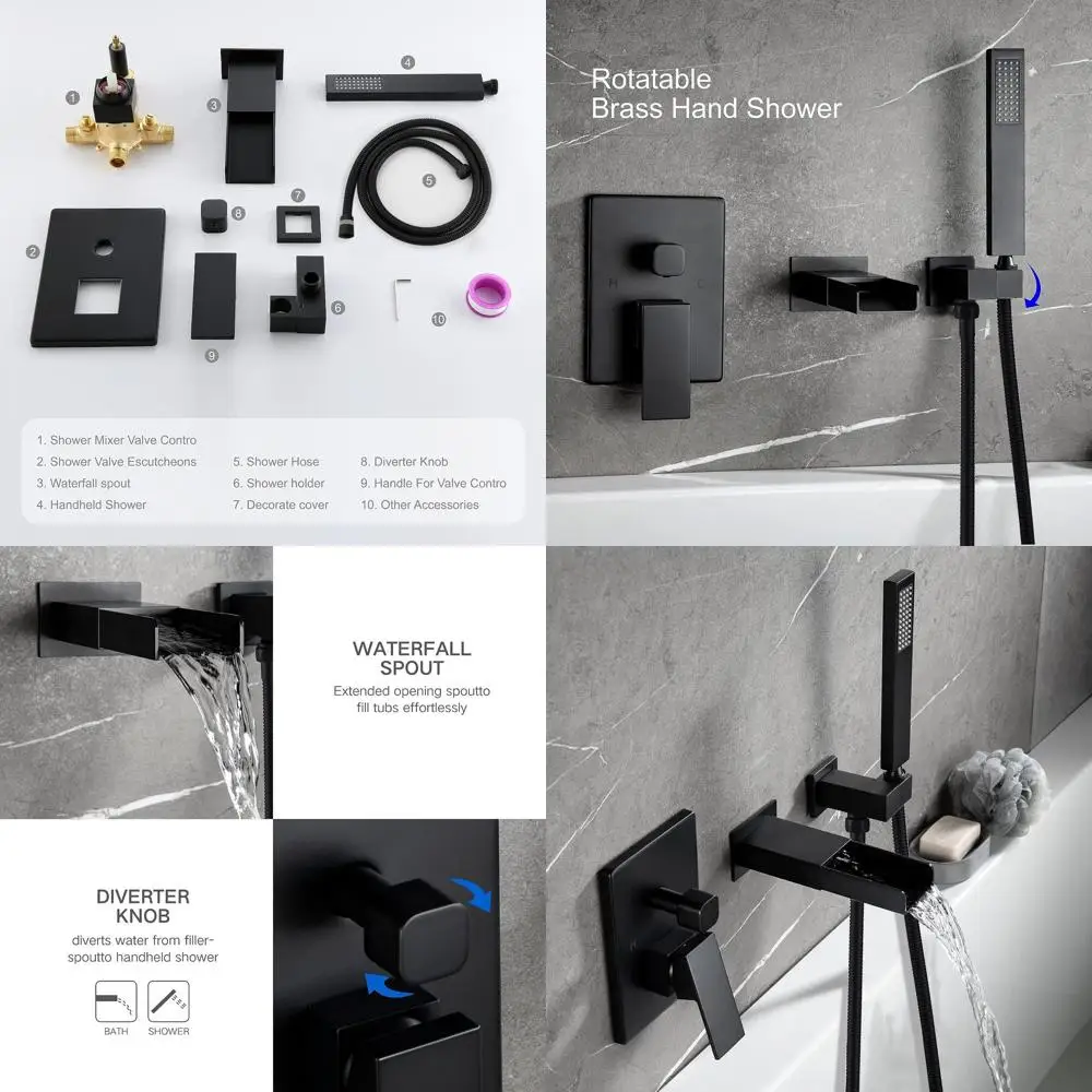 

Wall-Mounted Tub Filler Set with Handheld Shower, Single Handle Shower Faucet, and Waterfall Spout