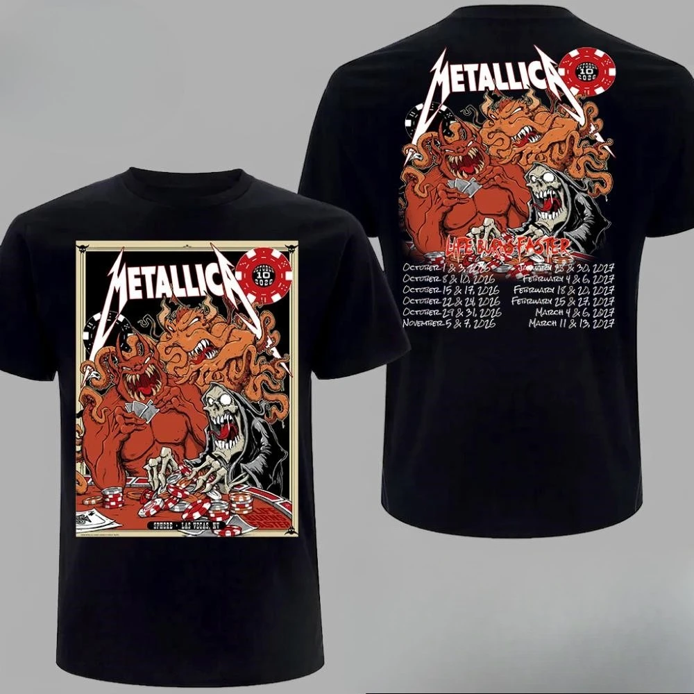 Metallica 2026 Las Vegas Sphere Tour Tshirt Life Burns Faster Octopus Devil Poker Casino Double Sided Print Unisex Rock Heavy