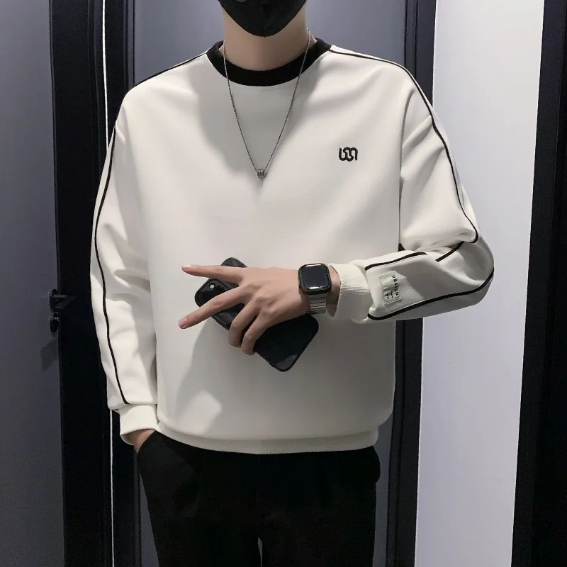 

Мужская толстовка свободного кроя с длинными рукавами и флисовой подкладкой, осенне-зимняя, модная, повседневная, базовый слой, в корейском стиле, с цветовыми блоками