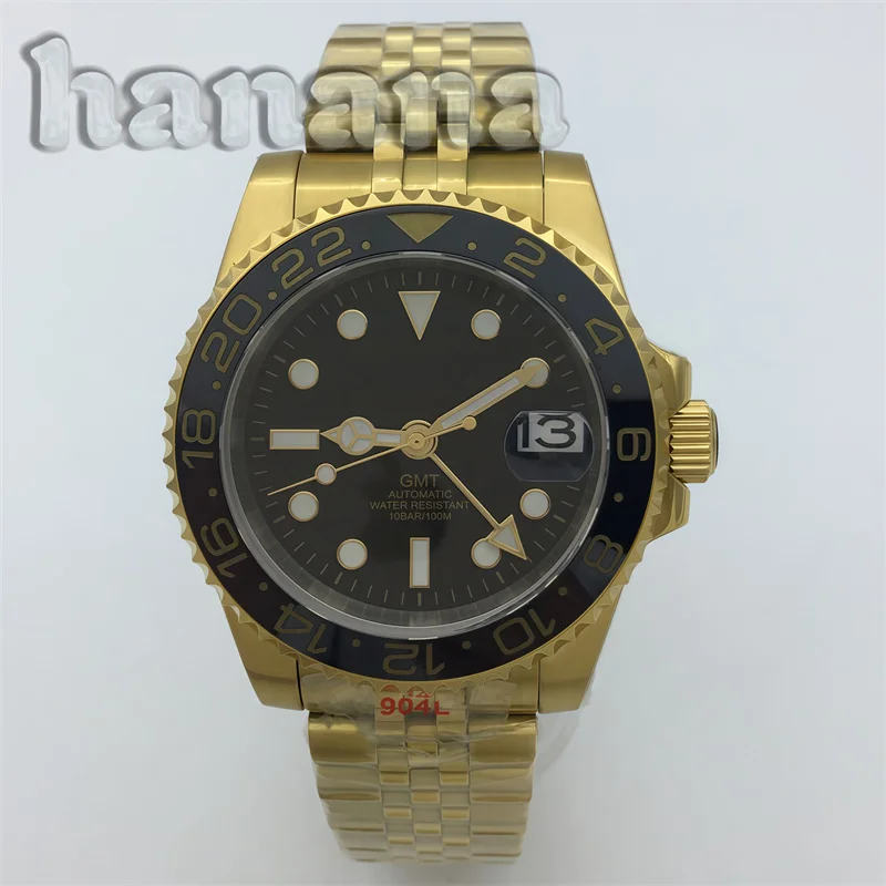 40mm GMT Men's Gold Watch One way Select 120 clicks Sapphire glass Ceramic bezel NH34 movement Water resistance up to 100 meters