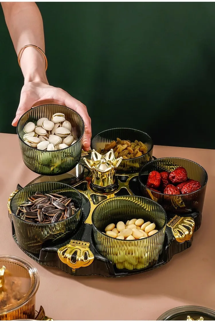Rotating Fruit Tray with Dustproof Cover, Light Luxury Snack Plate, Household Dried Fruit Nut Candy Storage Box for Living Room