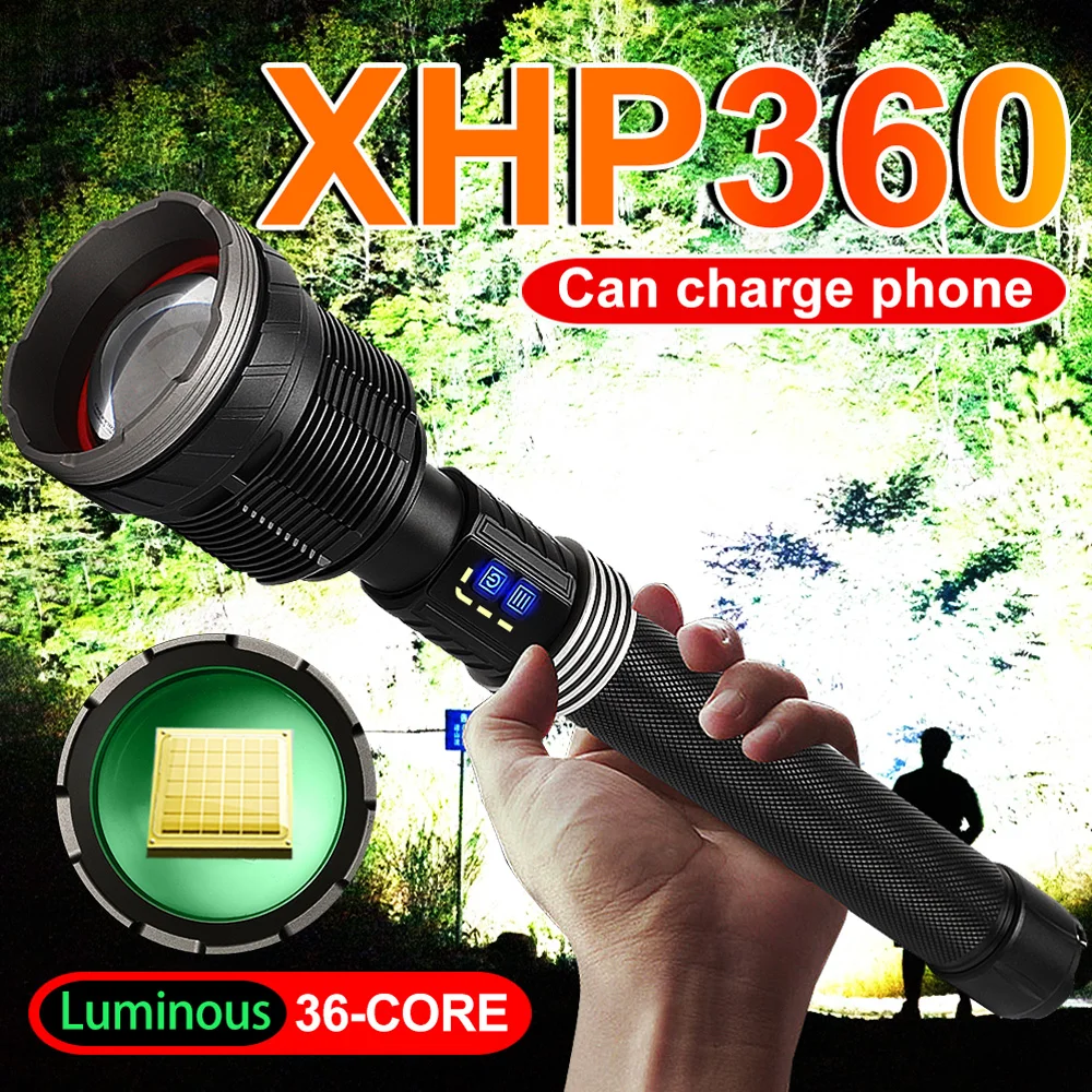 XHP360 Military-grade Super High Power Flashlight 36 Cores Wick Zoom Waterproof Rechargeable Flashlight with Safety Hammer