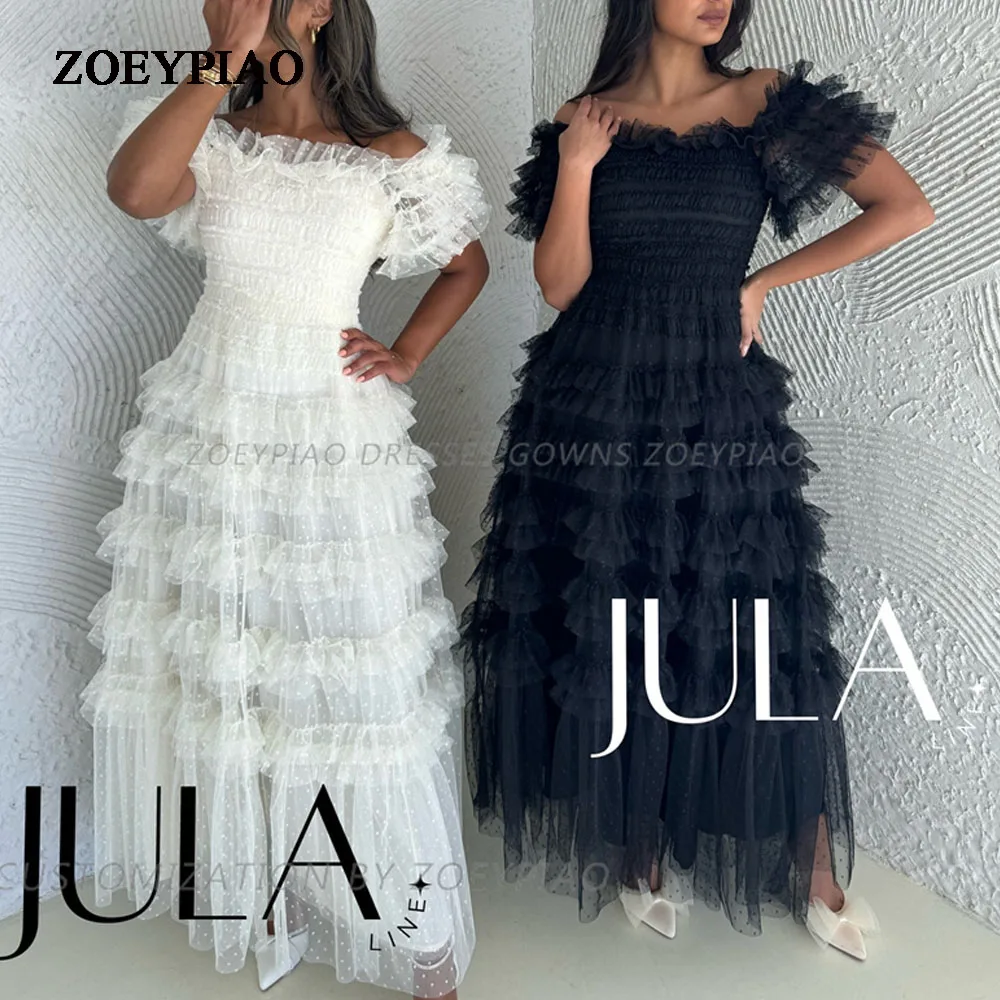 Vestidos De Noche De tul blanco y negro con hombros descubiertos, línea A, formales, escalonados, largos, personalizados