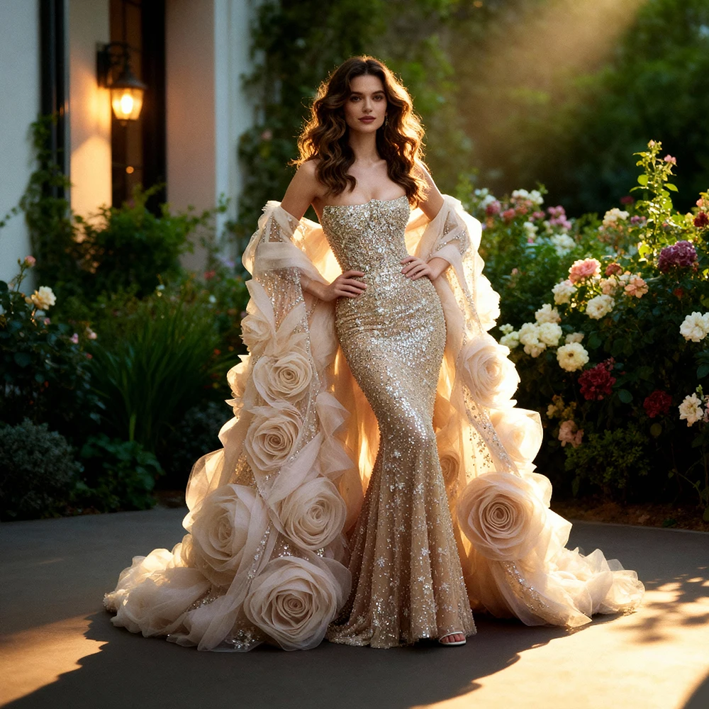 

Beaded Mermaid Dress for Photo Shoot with Handmade Flower Jacket Celebrity Dress for Photoshoot Wedding Gowns Robes De Cocktail