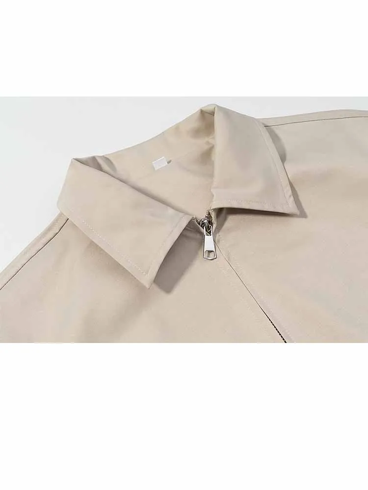 HH mujer primavera moda elegante manga larga solapa cremallera Color sólido Casual suelto corto versátil desplazamientos conjunto de dos piezas