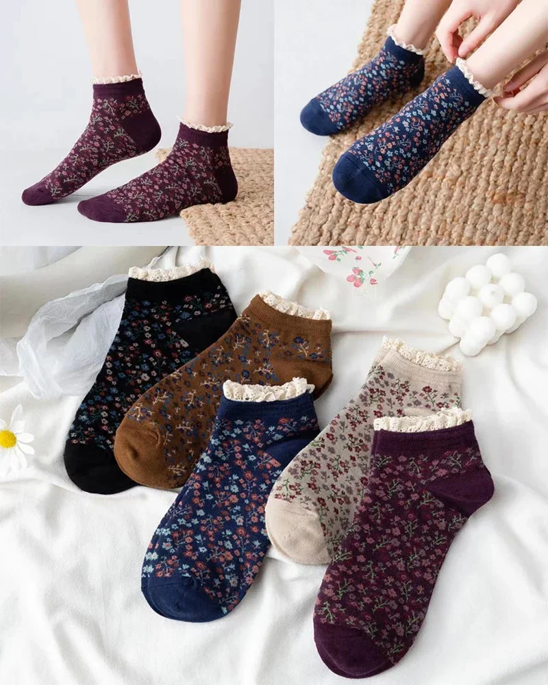 New Japanese girls lace boat socks floral retro women\'s socks Korean socks