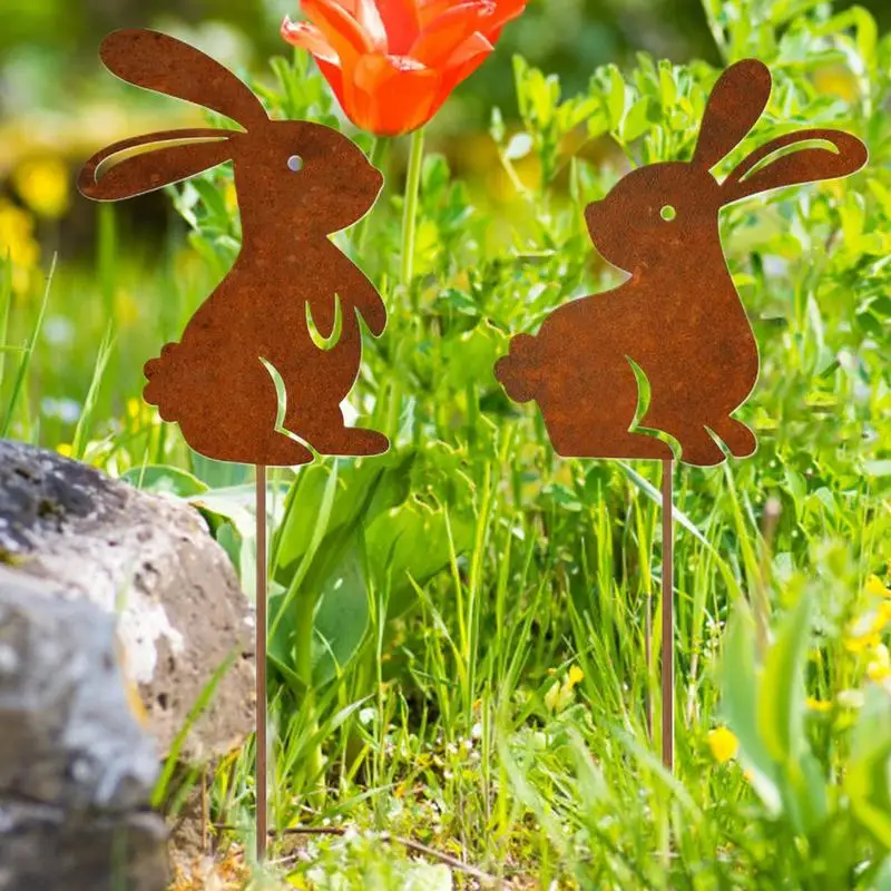Señales de Pascua para patio, palitos de maceta de hierro con bonito conejito para Pascua, suministros de decoración para el hogar y exteriores, accesorios para fotos con enchufe de jardín