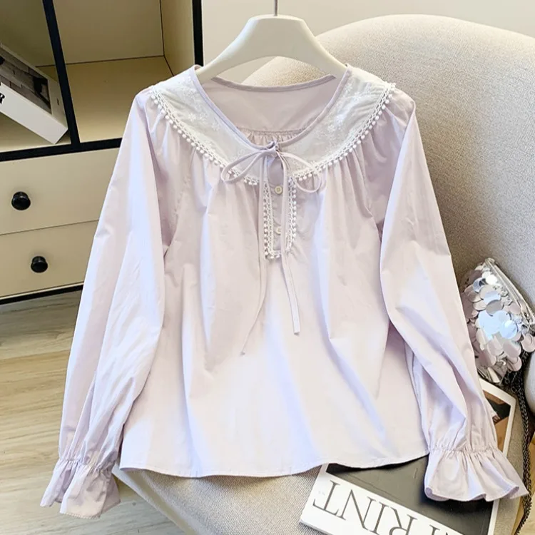 

Elegant Lace Trim Long Sleeve Shirt Women's Spring Atmosphere Bow Doll Shirt Sweet Chic Anti-Aging Top Korean Style Loose Fit