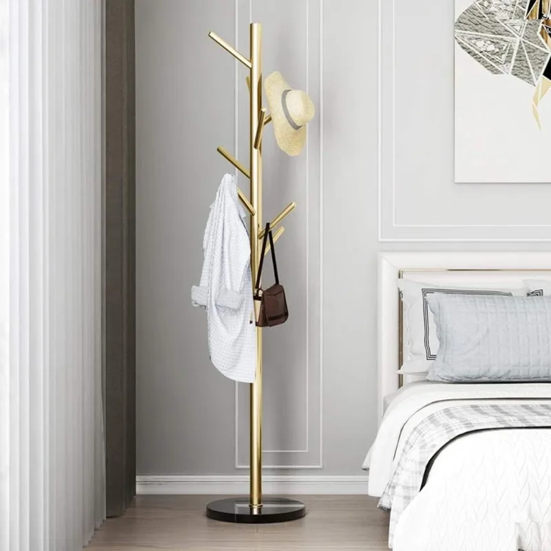 Metal Coat Rack Stand Golden Satin Steel Finish Stable Marble Base, High-Grade with Hooks Metal Tree