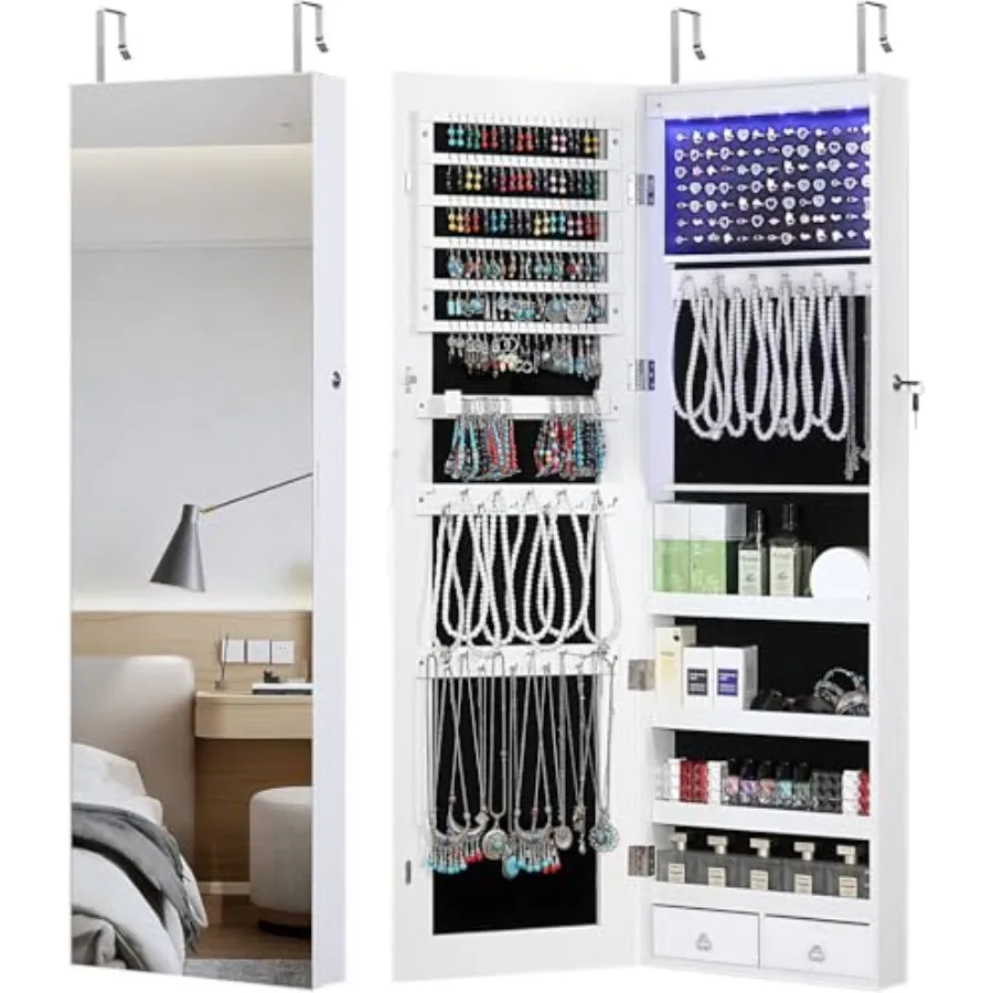 

Зеркальный шкаф для ювелирных изделий в полный рост, 6 светодиодов, шкаф для ювелирных изделий, настенный над дверью, подвесной органайзер для хранения ювелирных изделий с Lig