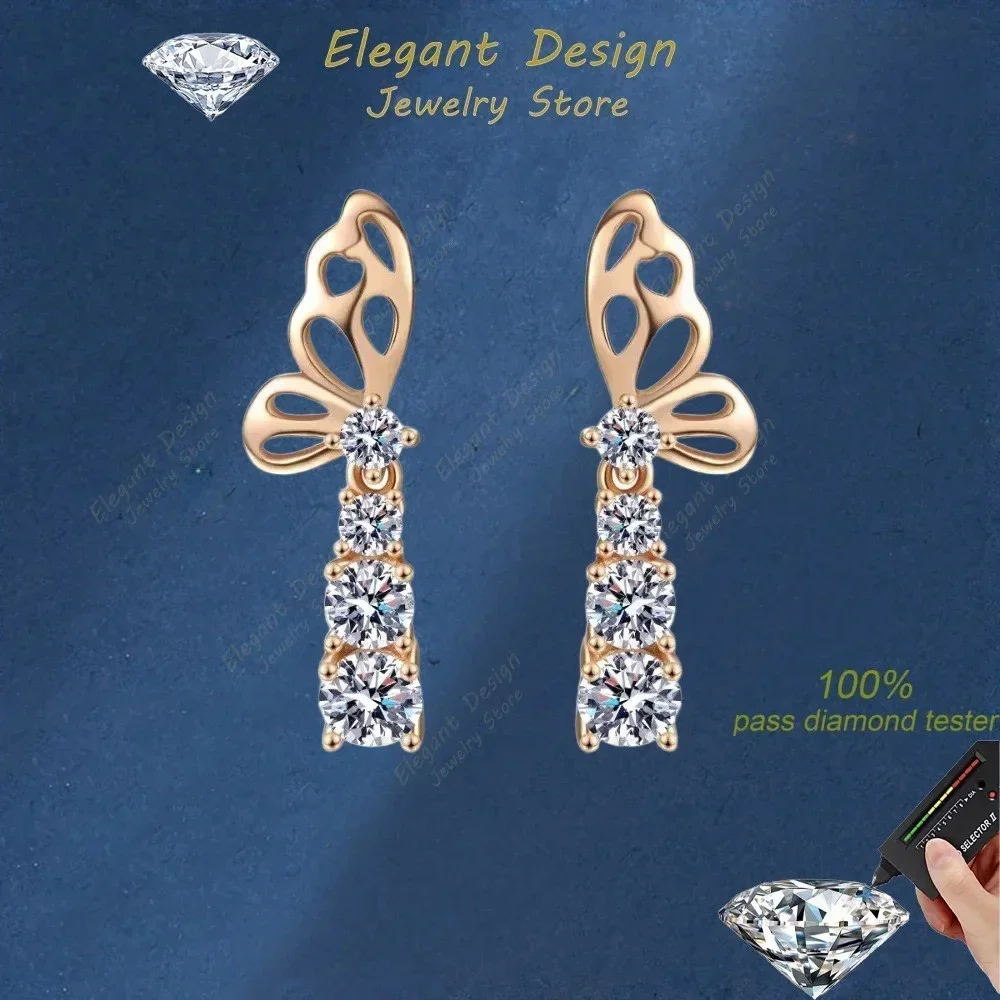 Valentine's Day Butterfly 18K Rose Gold Stud Earrings 1.24CT Moissanite Diamond Girlfriend Women Wedding Birthday Gift